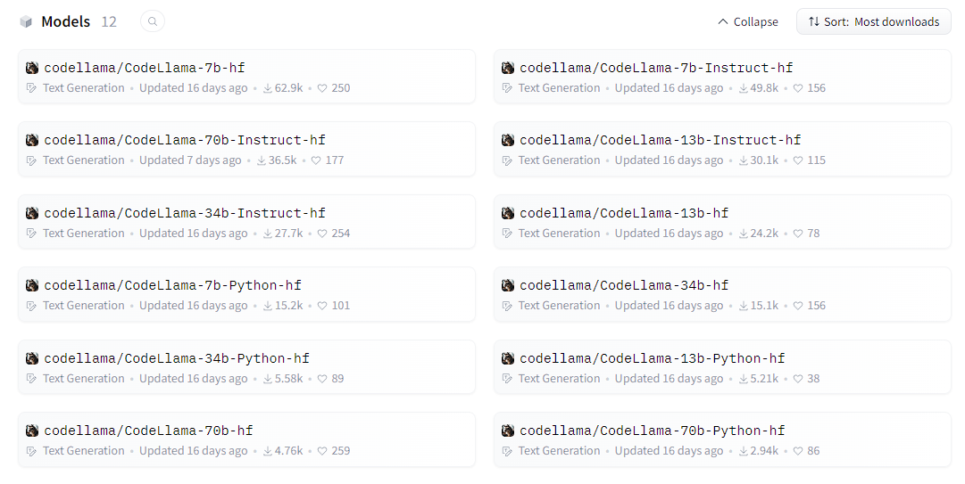 Modelos disponíveis do Llama Code por meio do Hugging Face
