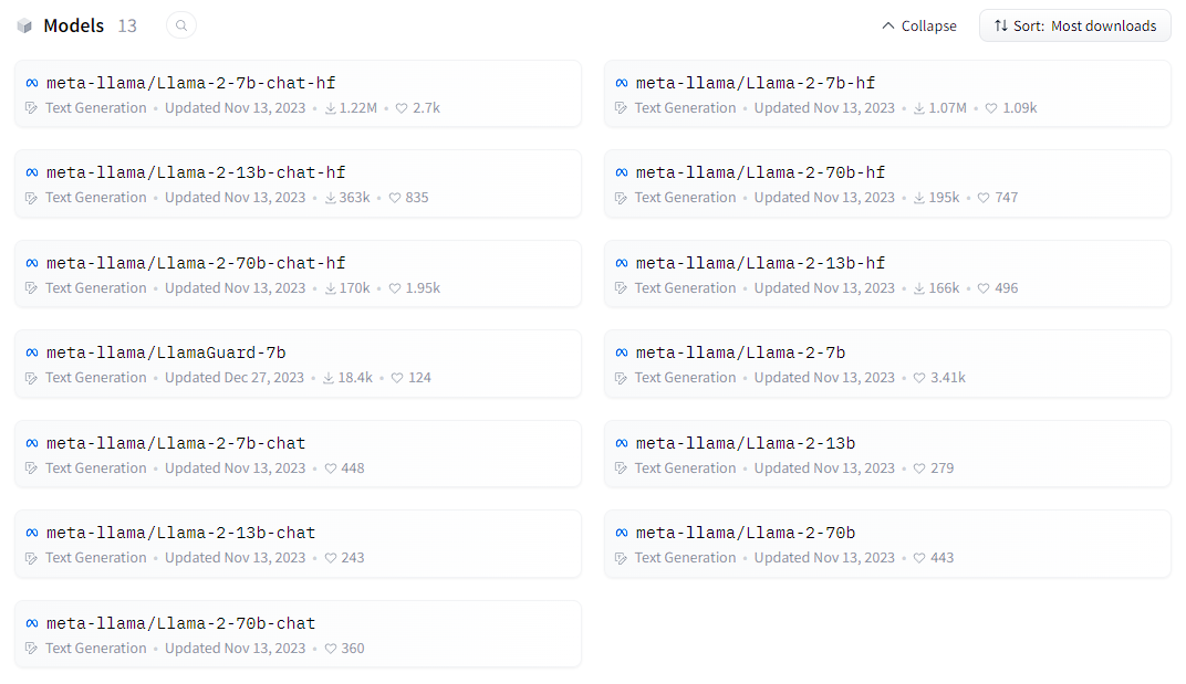 Modelos disponíveis do Llama por meio do Hugging Face