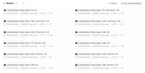Modelos disponíveis do Llama Code por meio do Hugging Face
